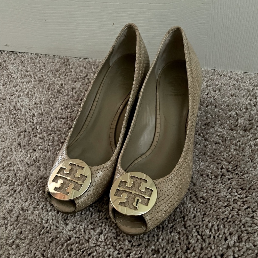 Tory Burch Tan Peep Toe Pumps with Wedge Heel